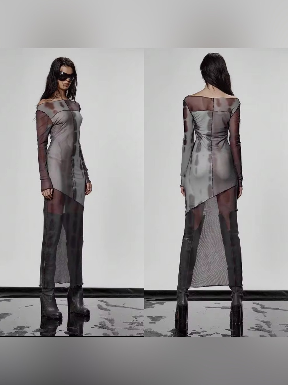 Musera Shein Black Gray Mesh Asymmetric Long Sleeve Maxi Dress Size Small